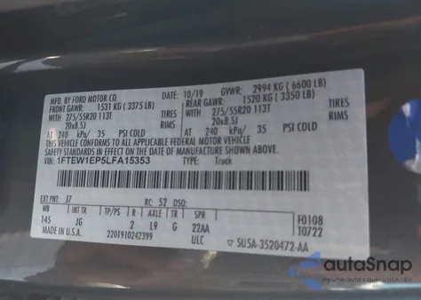 2020 Ford F-150 Xl из США, поврежденный, VIN 1FTEW1EP5LFA15353